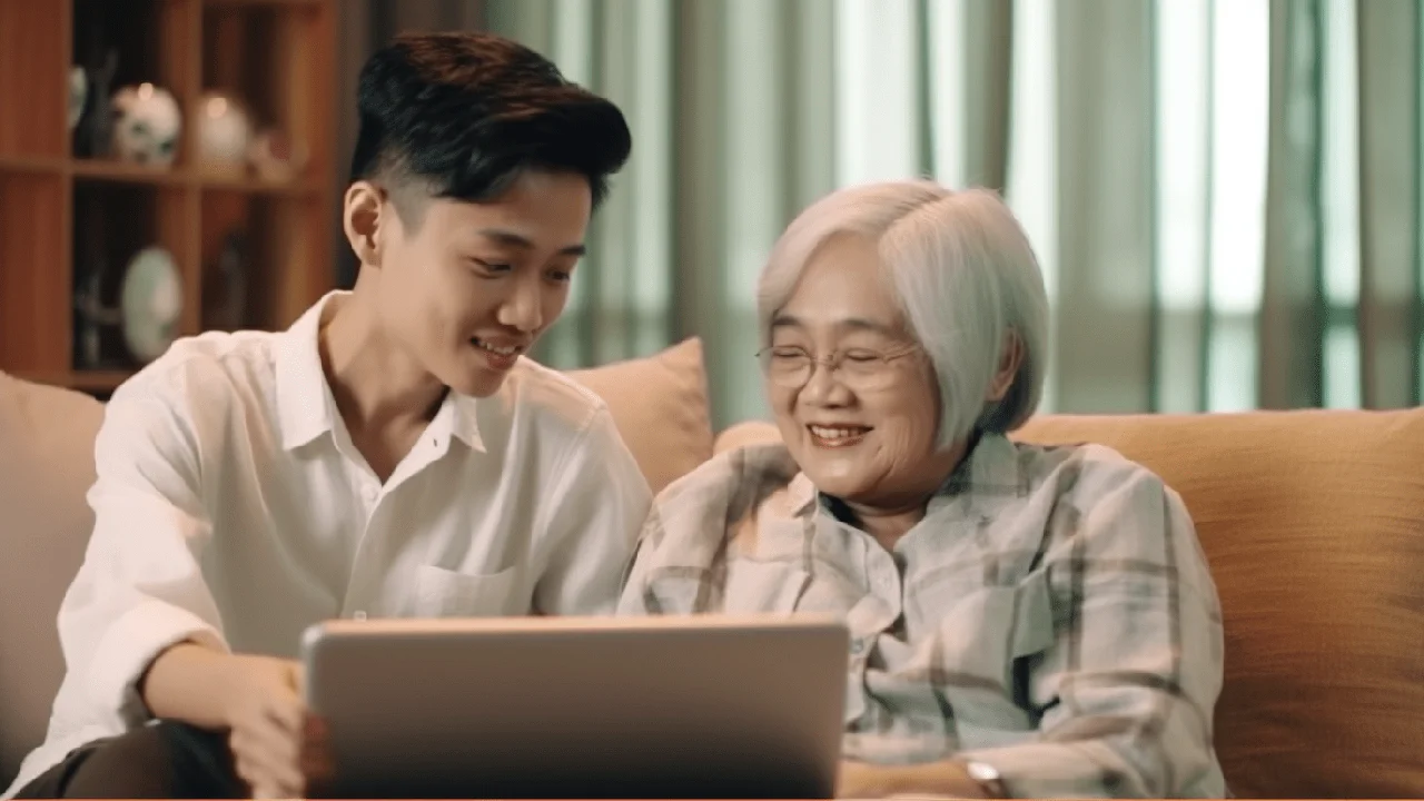 Close up on a plate of mashed potatoes, topped with baked pork chops with cream of mushroom soup, and a side of green beans.