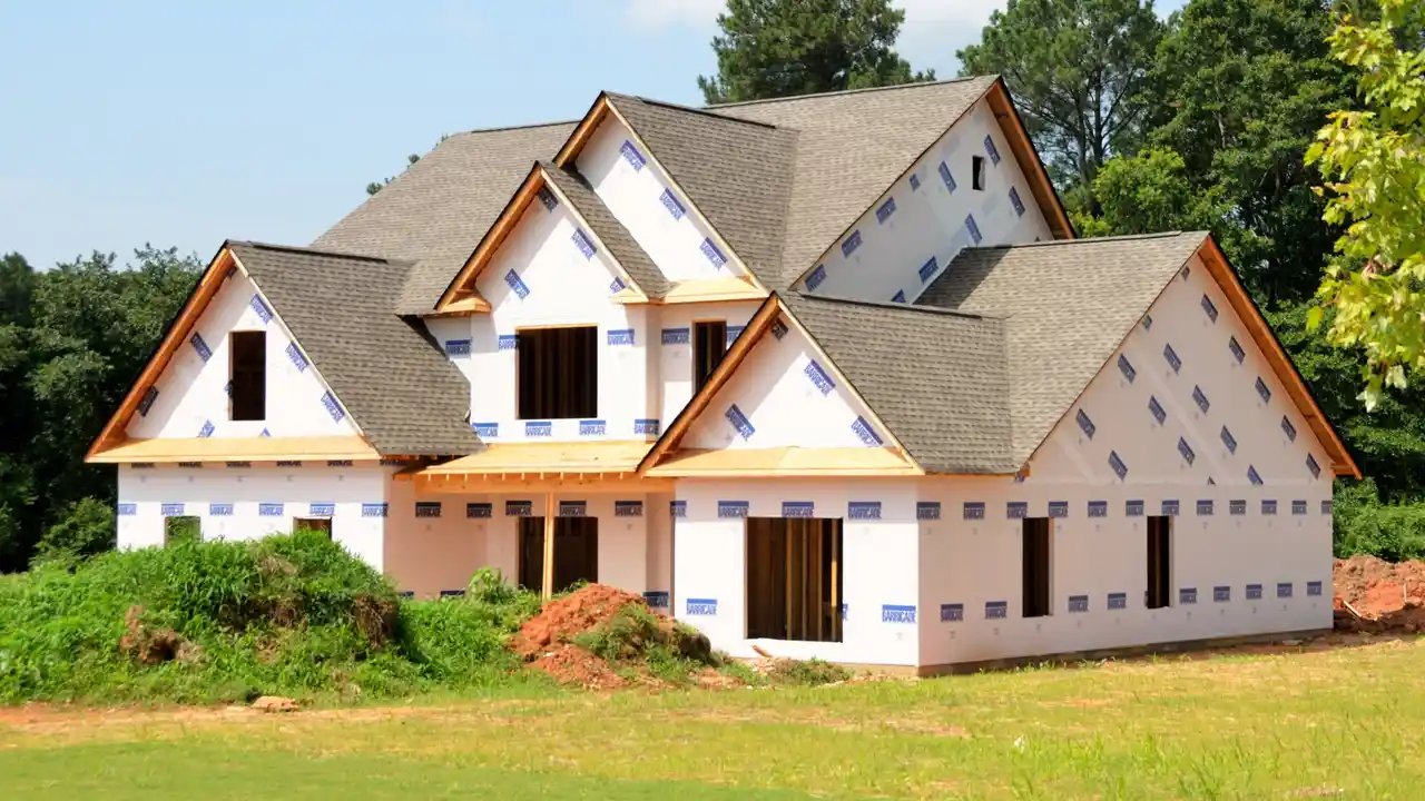 Close up on a plate of mashed potatoes, topped with baked pork chops with cream of mushroom soup, and a side of green beans.